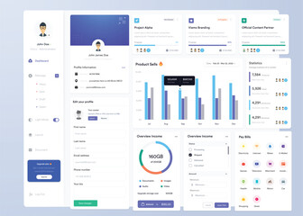 Wall Mural - ui ux infographic dashboard. ui design with graphs, charts and diagrams. web interface template
