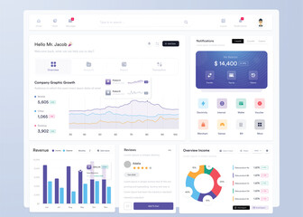 Wall Mural - ui ux infographic dashboard. ui design with graphs, charts and diagrams. web interface template