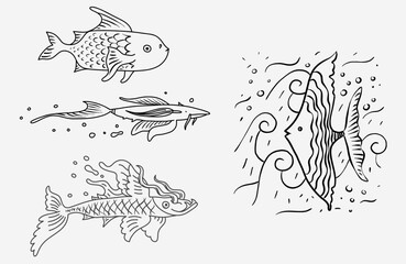  Set of ocean fish outline vector clipart