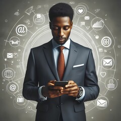 Wall Mural - Black man in suit carrying a smartphone surrounded by e-mail icons and other digital symbols.