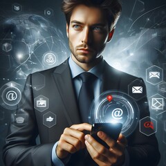 Wall Mural - Man in suit carrying a smartphone surrounded by e-mail icons and other digital symbols.