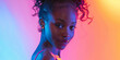 Image of gorgeous pretty young african naked woman posing isolated over purple neon lights wall background
