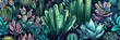 Background Texture Pattern Cacti and Succulents Design featuring an assortment of cactus and succulents palette of greens and blues with heavy black created with Generative AI Technology