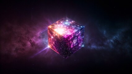 Wall Mural - Cosmic cube radiating light with nebulae and stars on dark gradient