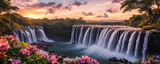 Fototapeta  - Fantasy landscape with waterfalls, panorama.