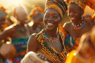 Happy African woman in traditional clothes while dancing, selective focus
