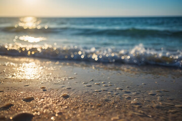 Natural blurred defocused background for concept summer vacation. Nature of tropical summer beach with rays of sunlight. Light sand beach, ocean water sparkles against blue sky