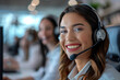 Close portrait of smiling woman with headphones with microphone in office, call center theme
