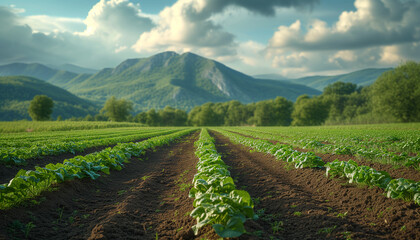 Regenerative Agriculture. Cultivation of bio food. Fields, land, soil, planting. Mountains on the background