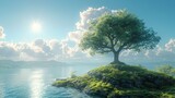 Fototapeta  - A lone tree stands on an isle against a bright sun and soft clouds