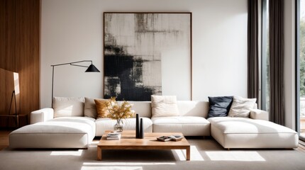 Wall Mural - Minimalist living room with contemporary sofa, abstract art, and cozy wooden details 