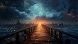 Empty boardwalk at dusk with dramatic sky, enveloped in a blanket of fog that softens the edges of the scene and adds an air of mystery