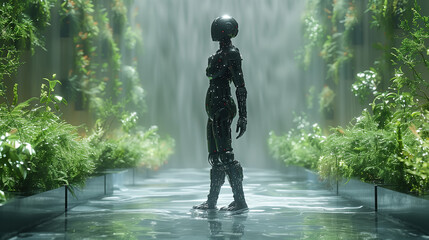 A robot stands gracefully in the midst of vibrant green nature. Green computing, Csr, IT Ethics, Nature technology interaction, and Environmental friendly. Generative Ai.