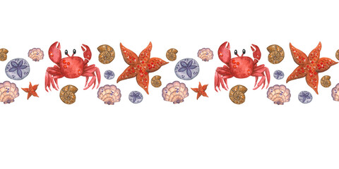 Decorative rectangular seamless pattern consisting of watercolor illustrations on the theme of the sea. Crab, shell, shellfish, starfish, sea urchin