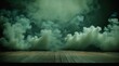 Swirling olive vapor ascends above deep wood panels against a ebony background 