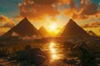 sun is shining past the pyramids at sunset