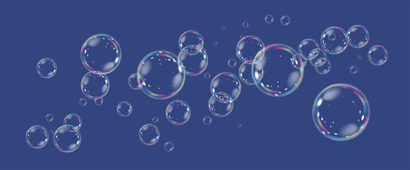 Wall Mural - Realistic soap vector bubbles png isolated on transparent background. The effect of falling and flying bubbles. Glass bubble effect.	
