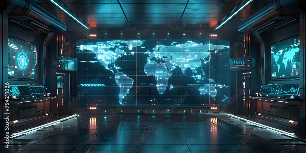 Digital world map displayed on large screen in a futuristic newsroom ...