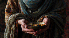 A Poignant Image Of The Widow's Mite, Showcasing Her Humble Offering In Contrast To The Ostentatious Gifts Of Others