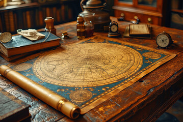 natal or starry sky map is laid out on a wooden table along with various objects, including books, w
