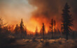A landscape scarred by wildfires, with charred trees and smoke billowing against an orange sky