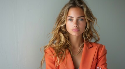 A modern portrait of a young woman, her compelling gaze and soft features accentuated by a stylish coral blazer