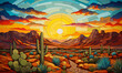 sunset desert landscape in the mountains southwest illustration in mosaic style bright colors