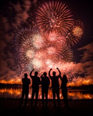 Spectators witness mesmerizing fireworks show over calm waters in the night 