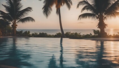 Wall Mural - photo beautiful outdoor nature landscape with sea ocean and coconut palm tree around swimming pool