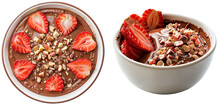 Bowl With Chocolate Pudding Topped With Sliced Strawberries And Crushed Hazelnuts, Isolated On A White Background, Side And Top View, Dessert Bundle