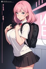 Wall Mural - sexy anime girl in miniskirt with a active backpack