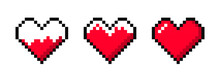 Set Of Pixel Hearts For An 8-bit Game. Health Points Bar In A Video Game. Red Pixel Hearts For Animation, Gaming And Health Bar. Vector
