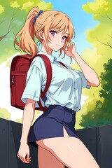 Poster - sexy anime girl in miniskirt with a active backpack