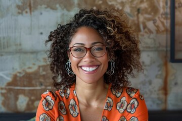 Wall Mural - Close-up portrait of charming young African American woman in bright cozy room. Confident, enthusiastic girl with glasses laughs while looking at camera.