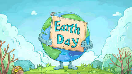 A Cartoon Earth is holding a sign with the text 