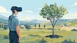 An illustration showcasing a person in a VR headset, standing in a pastoral field, gazing at a tree that represents a blend of rural tranquility and modern technology.