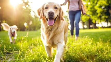 Wall Mural - A woman and her dog are walking in a park