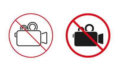 Wall Mural - No Video Camera Allowed Warning Sign Set. Notice Recording Video Is Prohibit Line And Silhouette Icons. Banned Record Area Red Circle Symbol. Isolated Vector Illustration