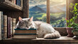 Cat sleep on a book on bookshelf