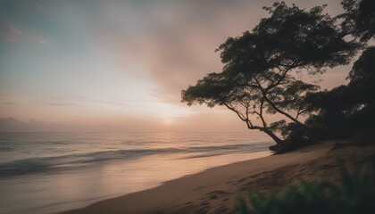 Wall Mural - photo mesmerizing view of the calm ocean and the trees in the shore during sunset in indonesia