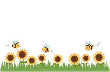 Poster - Sunflower field, green grass and flying bee cartoons isolated on white background vector.