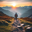 A man hiking on a mountain path at sunset, enjoying the breathtaking view of nature's beauty.