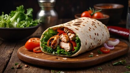 Canvas Print - Delicious shawarma with chicken and vegetables in the kitchen

