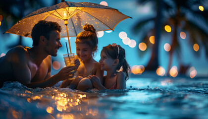 Wall Mural - A family with children relax in a nightclub on vacation on the sea beach.