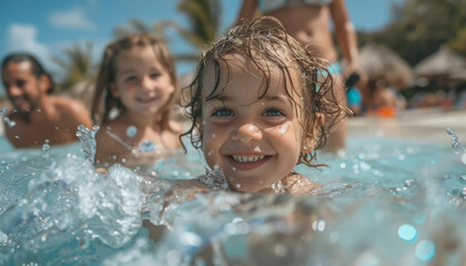 Wall Mural - happy children swim in the sea and smile while relaxing on a wet beach on vacation.