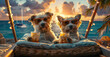 two dogs with drinks relax on a wet beach on vacation.