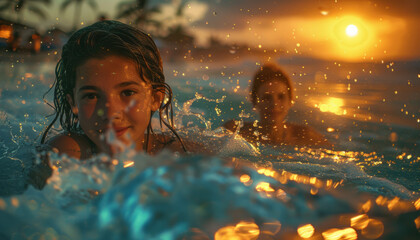 Wall Mural - teenage friends swim in the sea and smile, relax on a wet beach on vacation.