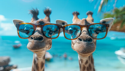 Wall Mural - A cute couple of giraffes in sunglasses rests on the sea sandy beach and swims in the waves.