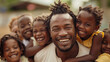 © Budimir Jevtic - Portrait of adult African-American man teacher surrounded with happy, exited children outdoor. Generative AI