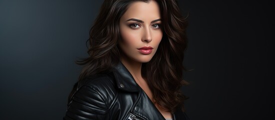 Wall Mural - A stylish woman in a black leather jacket poses for a portrait on a neutral gray background. She looks away from the camera with a confident and fashionable demeanor.